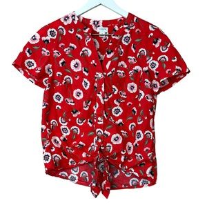 J Crew Red Floral Poppy Print Tie Front Button Up Shirt Women Sz Xs